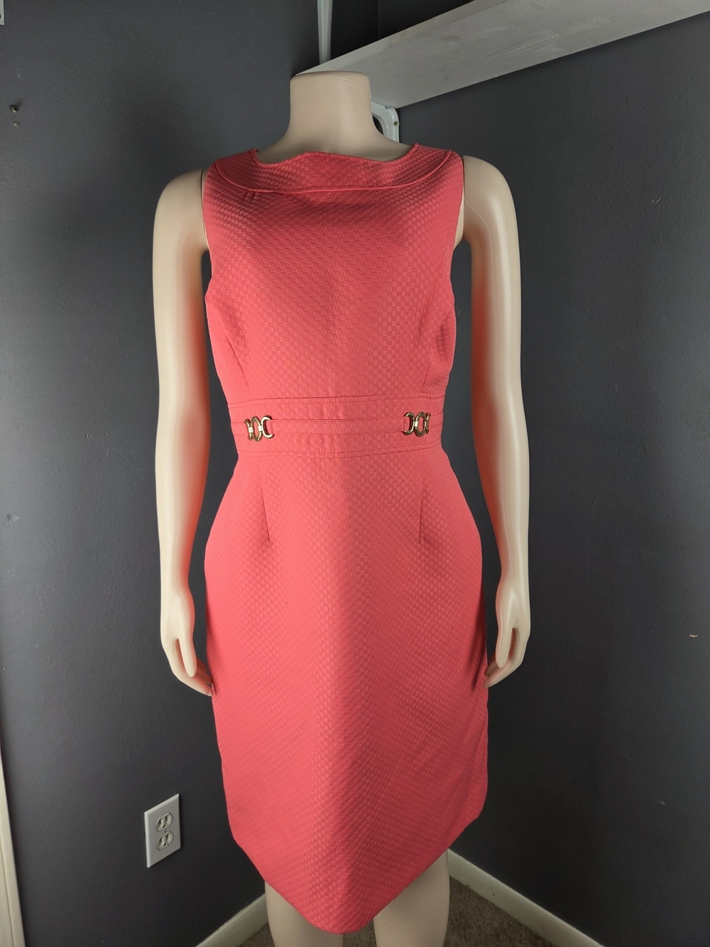 Sleeveless Coral Midi Sheath Dress with Gold Buckle Accents